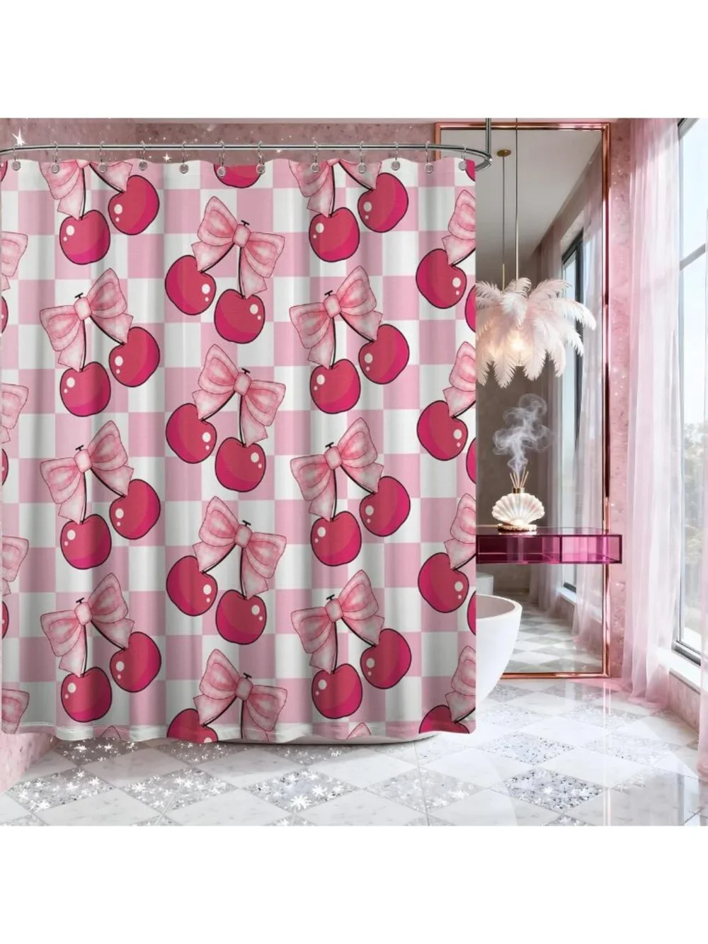 Cute Pink Cherry Bow Shower Curtain 72x72 | Preppy Y2K Plaid Bathroom Decor